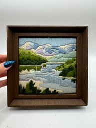 Handmade Mountain Scene With Creek Needlepoint In Frame - By Hazel