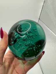 Vintage Green Bubble Glass Paperweight