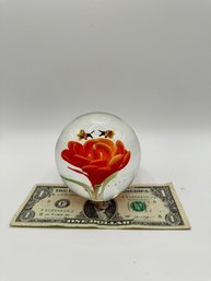 Orange Flower With Bees Glass Paperweight