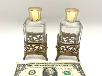 Vintage Set Of Two Bottle - Screw On Lids Removable From Gold Decorative Holder