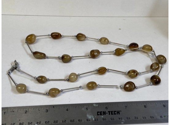 Long Stone And Silver Necklace. 36' Long