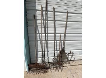 Lot Of Vintage Rakes Plus A Pitchfork