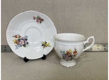 Staffordshire Fine Bone China Teacup & Saucer: Colorful Floral