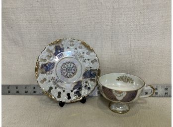 Blue, Gold, & White Unmarked Teacup & Saucer