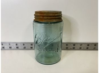 Vintage Mason Jar Pint Sized 1896-1910 With Milk Glass Rusted Lid