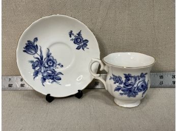 Staffordshire Fine Bone Chine Teacup & Saucer: Blue Bouquet Design