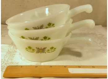 Pyrex Like - MCM Meadow Green Fire King 3-  Handled Bowls