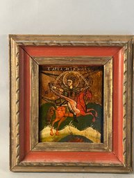 Religious Icon Of Crowned Figure Archer Mounted On Winged Horse