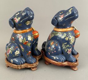 Pair Of Chinese Floral Dogs With Bells Around Their Necks