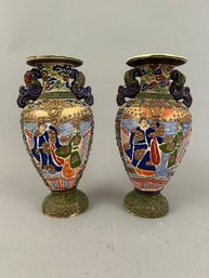 Pair Of Satsuma Moriage Two Handled Vases