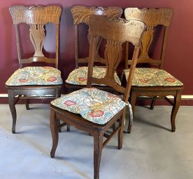 Antique Set Four Oak Chairs W Figured Backs