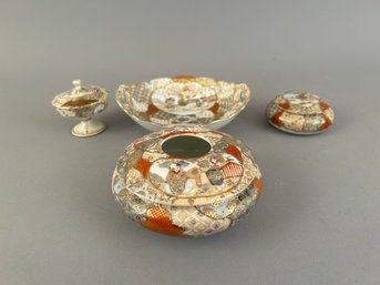 Four Pieces Satsuma Including Covered Jars And A Bowl