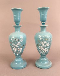 Pair Of Blue Opaline Decanters With White Enamel Flowers Bristol