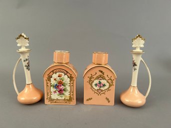 Four Porcelain Vessels With Peach Glaze And Flowers Barber Bottle