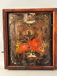 Religious Icon Of Archangel Michael A Crowned Figure Mounted On Winged Horse