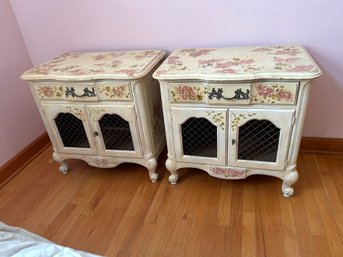 Pair Of French Country Style Nightstands In Shabby Chic White Paint With Paint Decorated Floral Design