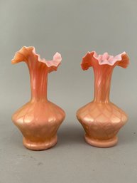 Pair Of Pink Satin Glass Vases With Diamond Pattern