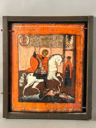Religious Icon Of Haloed Figure Mounted On Horse Slaying A Dragon