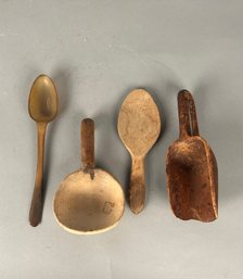 Primitive Woodenware Scoops And Horn Spoon