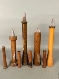 Eight Antique Wooden Bobbin Spool Holders