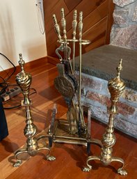 Lot Of Fireplace Tools Including Andirons And Bellows