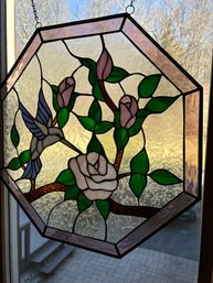 Octagonal Stained Glass Window With Hummingbird And Flowers