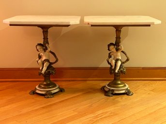 Pair Vintage Marble Top End Tables With Cherub Bases