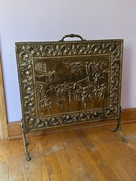 Vintage Brass Fire Screen With Stage Coach And Tavern Scene