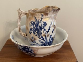 Flow Blue Pitcher And Bowl With Gold Highlights