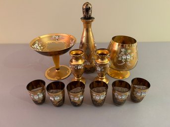 11 Pieces Of Hand Painted Glass, Gold With Floral Decorations