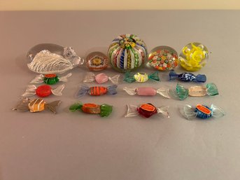 17 Pieces Art Glass Including Paper Weights And Murano Glass Candy