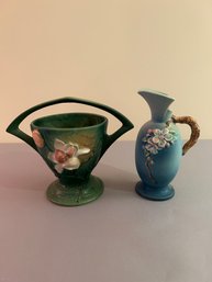 2 Pieces Roseville Including Basket With Handle And Ewer With Handle