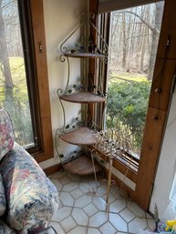 Metal And Wicker Corner Shelf With Small Plant Stand Table