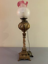 Brass And Marble Lamp With Glass Shade And Cupid Design