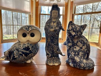 Three Blue And White Chinese Style Porcelain Figures