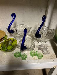 Eight Pieces Of Glassware Including Six Swans And Two Open Salts
