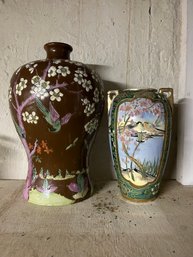 Two Vintage Vases With Bird Decoration And Flowers
