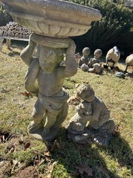 Birdbath And Boy Holding Dog Cast Stone Yard Ornaments