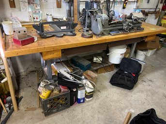 Custom Made Workbench With Drawer And Lower Shelf. Metal Base Oak Top