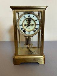 Brass Carriage Clock With Ceramic Face Surrounded By Rhinestones