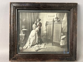 Antique PrintAntique Print Parents, Two Children On Bear,skin Rug