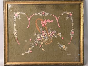 Antique Needlepoint, Basket With Flowers