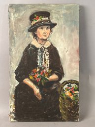 Vintage Oil On Canvas Portrait Of Woman With Flowers