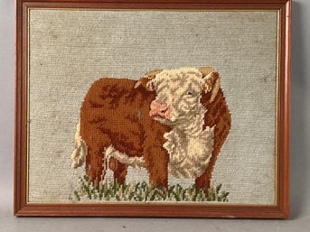 Vintage Needlepoint Picture Of Cow