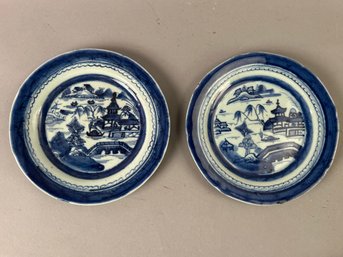 Pair Antique Blue And White Canton Plates 9 Inch