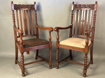 Pair Of Antique Oak Armchairs With Carved Details