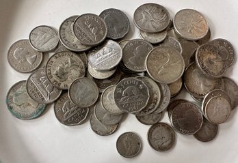 63 (Sixty Three) Canadian Silver Coins Pre 1965 (*except Nickels) Plus 11 (Eleven) Post 1965 - 55