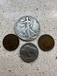 1946 Walking Liberty Silver Half Dollar Buffalo Silver Nickel & 2 (Two) Indian Head Pennies - 53