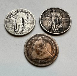 2 Standing & 1 Seated Liberty Quarter Silver Dollars 1927 1917 & 1875 - 26
