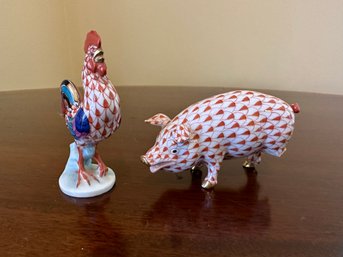 Herend Hand Painted Rooster And Pig In Rust Fishnet- S